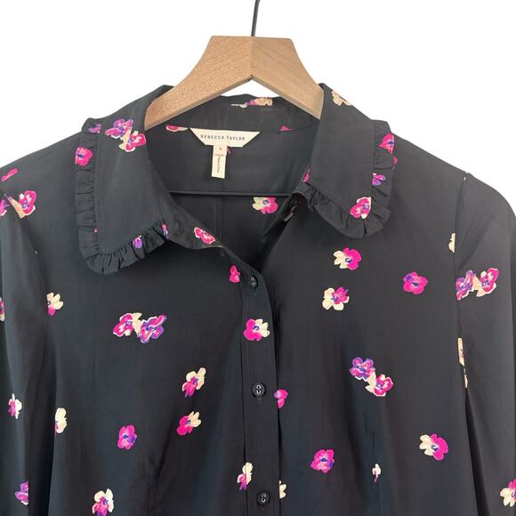 Rebecca Taylor Blouse Black Pink 6 Floriana Long Sleeve Silk Feminine Floral Top - Picture 7 of 15